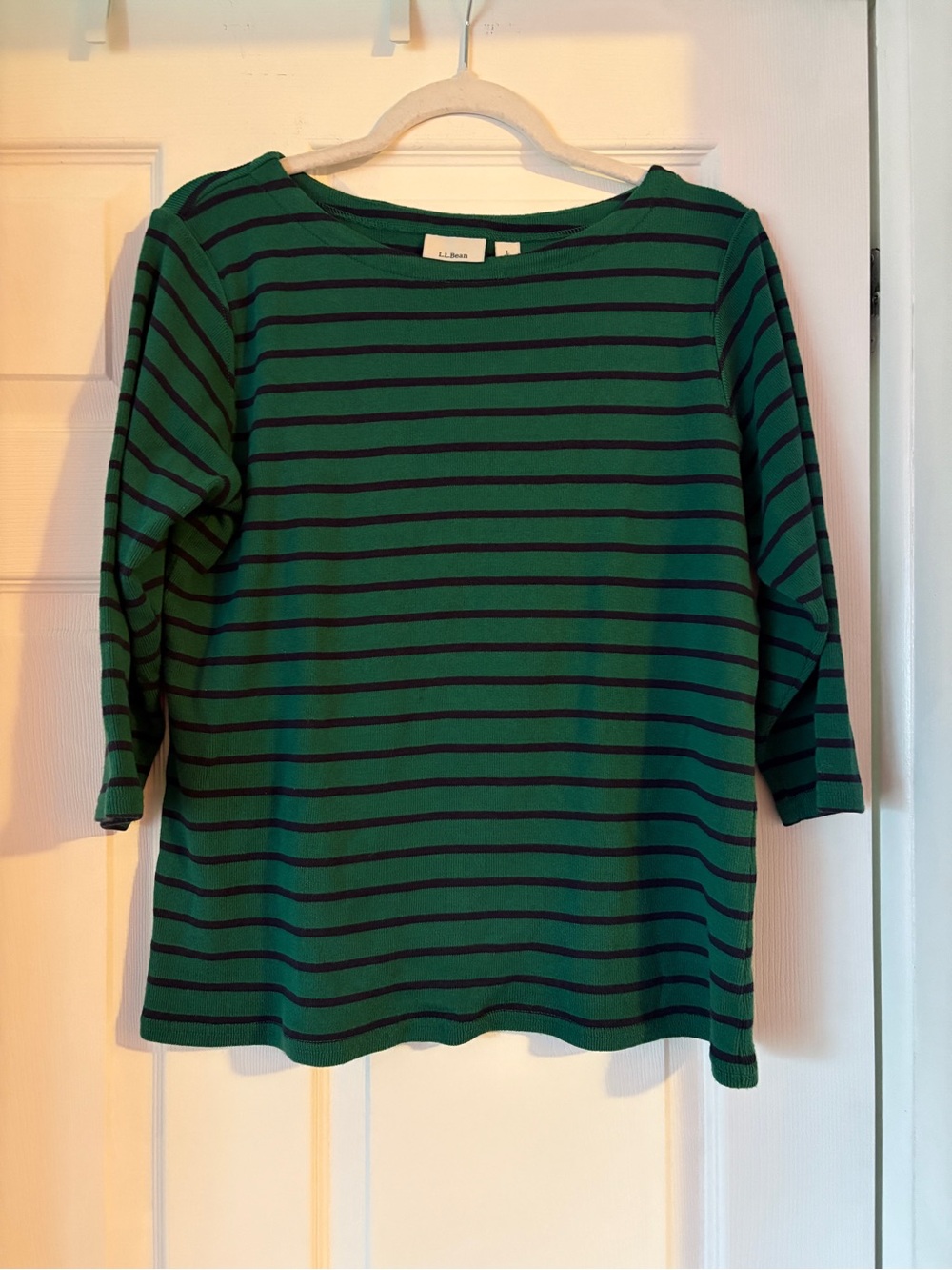 L.L. Bean Green and Navy Striped Long Sleeve Boatneck Top